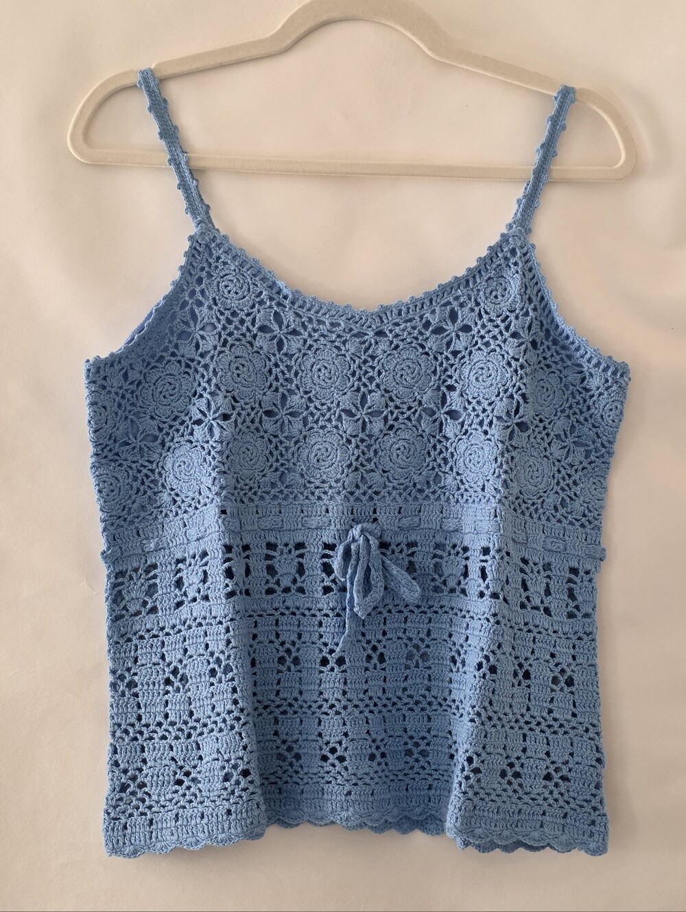 Crochet Knit Semi-Sheer Top Size L Vintage Spaghetti Strap Cami Boho Tie Waist